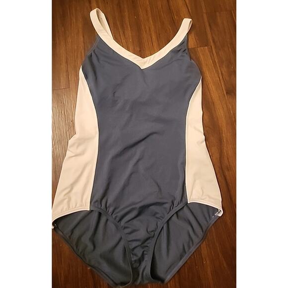 Lands' End Women's One Piece Swimsuit‎ Size 16  X Back Blue/Gray w/white Trim - Picture 1 of 3